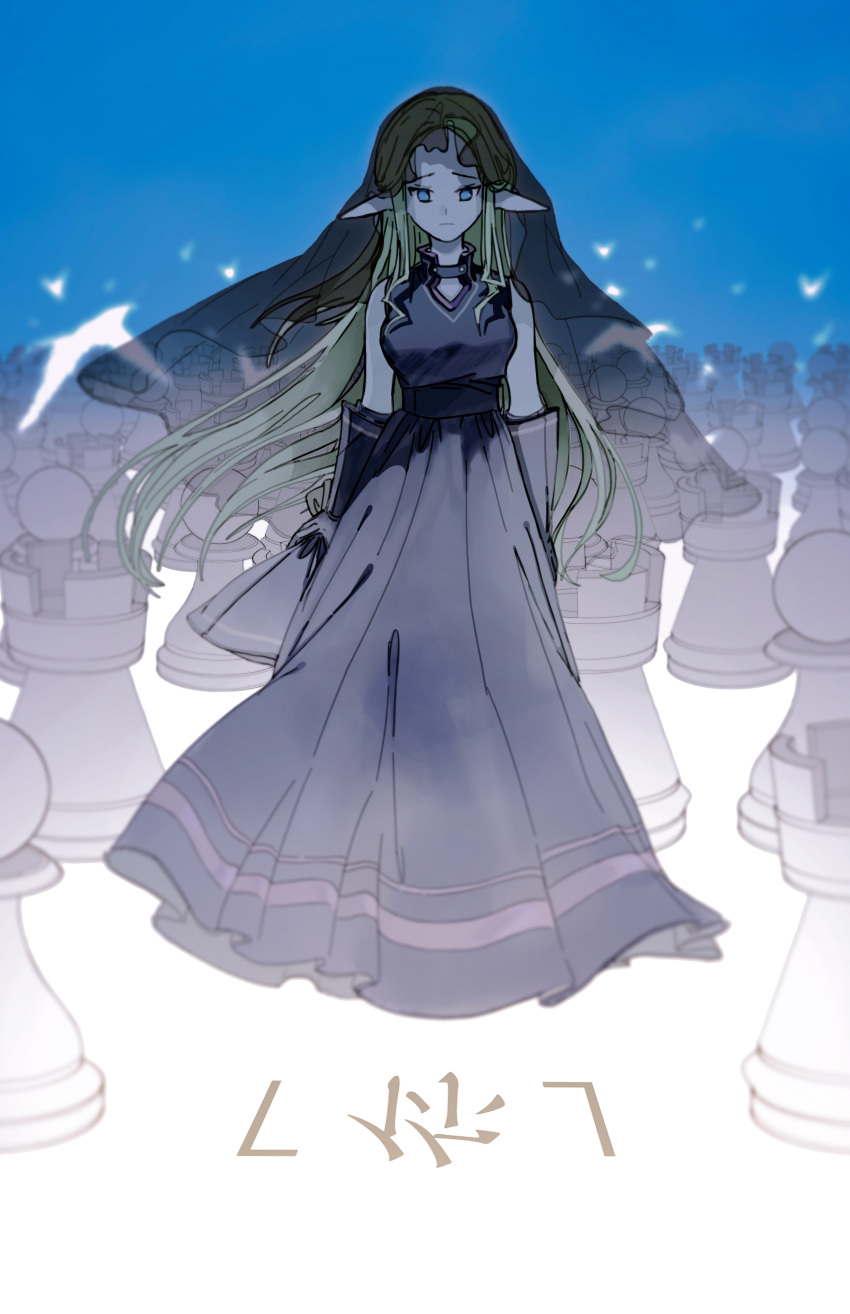 1girl absurdres bare_shoulders bishop_(chess) black_gloves blonde_hair blue_background blue_eyes blurry breasts chess_piece depth_of_field dress floating_hair full_body gloves highres long_hair long_sleeves looking_at_viewer pawn planstar princess_zelda rook_(chess) sad see-through sleeveless sleeveless_dress solo standing the_legend_of_zelda veil very_long_hair
