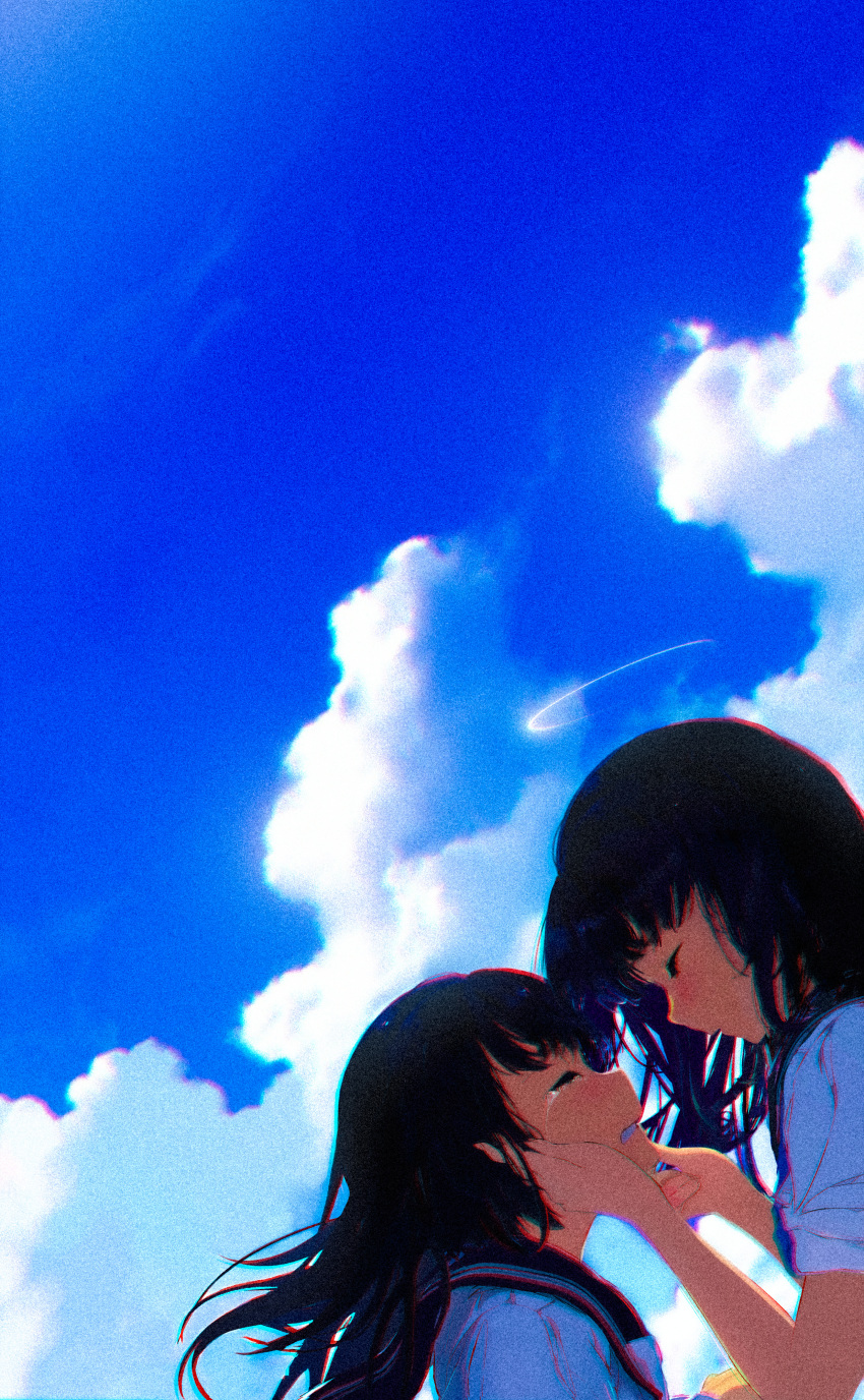 2girls absurdres bangs black_hair black_sailor_collar blue_sky chromatic_aberration closed_eyes clouds cloudy_sky comforting commentary crying english_commentary from_side gerar_dc hand_on_another's_cheek hand_on_another's_face highres long_hair multiple_girls original outdoors sailor_collar school_uniform serafuku sky summer tears teeth upper_body