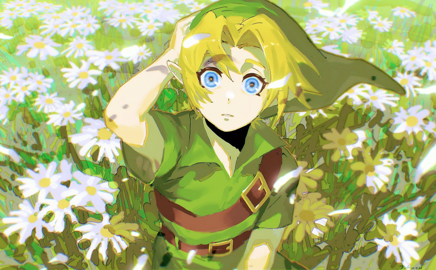 1boy bangs belt blonde_hair blue_eyes daisy dele14375735 falling_petals field flower flower_field green_headwear green_tunic hand_on_own_head hat highres link looking_at_viewer outdoors parted_bangs petals pointy_ears short_hair short_sleeves shoulder_belt the_legend_of_zelda the_legend_of_zelda:_ocarina_of_time upper_body white_flower wide-eyed