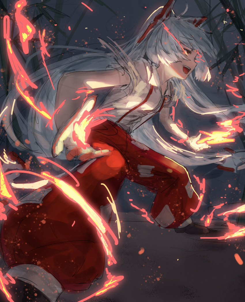 1girl absurdres black_background black_footwear bow fire from_side fujiwara_no_mokou hair_bow highres long_hair mont_blanca ofuda ofuda_on_clothes open_mouth pants pyrokinesis red_eyes red_pants shirt short_sleeves solo suspenders touhou white_hair white_shirt