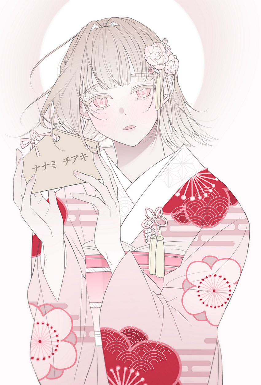 1girl alternate_hair_ornament bangs brown_hair commentary_request danganronpa_(series) danganronpa_2:_goodbye_despair hair_intakes hands_up highres holding holding_sign japanese_clothes kimono long_sleeves looking_at_viewer medium_hair nanami_chiaki open_mouth pink_background pink_eyes pink_kimono red_kimono sign solo translation_request u3_8x upper_body white_background wide_sleeves