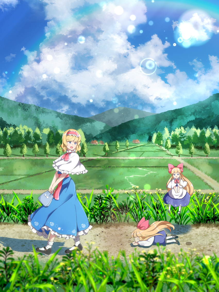 3girls absurdres alice_margatroid apron ascot bag bangs black_footwear blonde_hair blue_dress blue_eyes capelet cattleya_(a_yel_ttac) closed_eyes commentary_request crops day dress falling field floating frilled_ascot frilled_capelet frilled_dress frills full_body grass handbag highres long_hair mary_janes medium_hair minigirl mountainous_horizon multiple_girls outdoors puffy_short_sleeves puffy_sleeves red_ascot road shanghai_doll shoes short_sleeves touhou tree waist_apron walking white_capelet