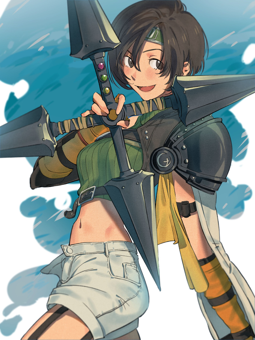 1girl absurdres arm_guards armor bangs black_hair breasts chest_strap cowboy_shot crop_top etaa89 final_fantasy final_fantasy_vii final_fantasy_vii_remake fingerless_gloves gloves green_shirt grey_eyes grey_shorts hair_between_eyes headband highres holding_shuriken materia medium_breasts midriff navel open_mouth orange_gloves parted_bangs ribbon shirt short_hair shorts shoulder_armor shuriken simple_background sleeveless sleeveless_turtleneck smile turtleneck unbuttoned_shorts weapon yellow_ribbon yuffie_kisaragi