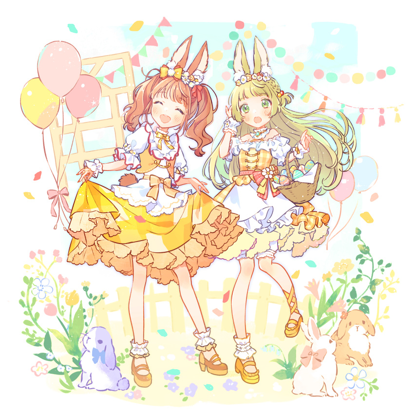 2girls :d animal_ear_fluff ankle_cuffs asymmetrical_footwear balloon bangs banner basket blush border bow braid brown_hair choker closed_eyes confetti detached_collar dress easter easter_egg egg fence flower frilled_dress frilled_shirt_collar frills hair_bobbles hair_bow hair_flower hair_ornament hair_ribbon high_heels highres holding holding_basket jewelry long_hair mameyanagi multiple_girls off-shoulder_dress off_shoulder open_mouth original plant pom_pom_(clothes) rabbit rabbit_girl rabbit_tail ribbon ribbon_choker ring short_sleeves single_wrist_cuff skirt_hold smile standing standing_on_one_leg tail twintails very_long_hair waist_bow wrist_cuffs