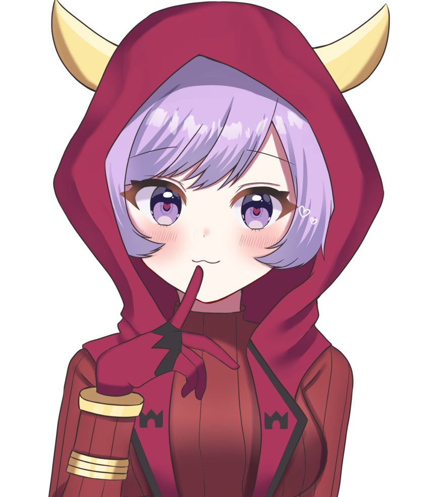 1girl api_peko bangs blush closed_mouth commentary_request courtney_(pokemon) fake_horns gloves hand_up heart heart_in_eye highres hood hood_up horned_headwear horns logo looking_at_viewer pokemon pokemon_(game) pokemon_oras purple_hair short_hair simple_background smile solo symbol_in_eye team_magma team_magma_uniform upper_body violet_eyes white_background