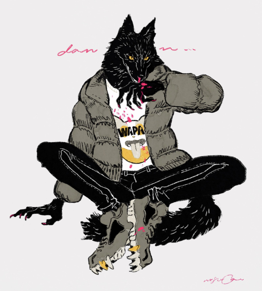 1boy animal_ears black_eyes black_fur blood blood_on_clothes blood_on_hands body_fur brown_jacket claws colored_sclera full_body furry furry_male grey_background grey_footwear hand_up highres jacket knees_apart_feet_together male_focus nagabe nosebleed original shirt signature simple_background sitting solo tail white_shirt wiping_nose wolf_boy wolf_ears wolf_tail yellow_sclera