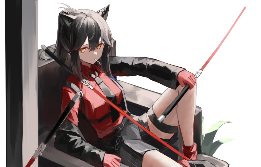 1girl absurdres animal_ears arknights armchair black_hair black_jacket black_necktie black_shorts chair collared_shirt commentary food food_in_mouth gloves hair_between_eyes highres holding holding_weapon jacket long_hair long_sleeves looking_at_viewer necktie official_alternate_costume open_clothes open_jacket plant pocky ponytail red_gloves red_shirt red_socks shiro_wa_(shiroshironix) shirt shorts sidelocks sitting sleeves_past_wrists socks solo striped striped_shorts sword texas_(arknights) texas_(willpower)_(arknights) vertical-striped_shorts vertical_stripes weapon wolf_ears yellow_eyes