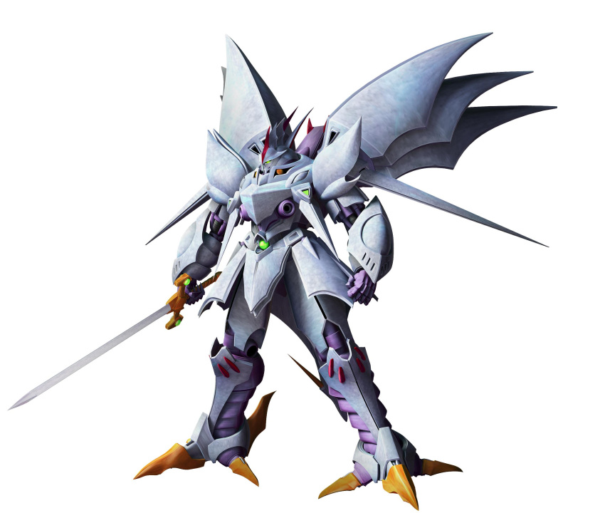 cybuster glowing glowing_eyes green_eyes head_tilt highres holding holding_sword holding_weapon mecha no_humans official_art open_hand science_fiction solo super_robot_wars super_robot_wars_original_generation sword weapon white_background