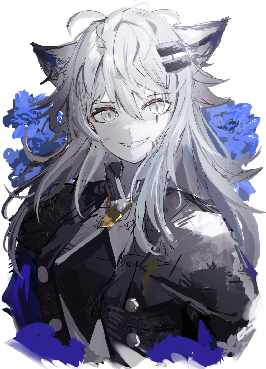 1girl animal_ears arknights black_jacket blue_flower clenched_teeth diamond-shaped_pupils diamond_(shape) flower grey_eyes grin hair_ornament hairclip highres jacket lappland_(arknights) lappland_(refined_horrormare)_(arknights) long_hair looking_at_viewer messy_hair official_alternate_costume scar scar_across_eye sharp_teeth sikinose_val simple_background smile solo symbol-shaped_pupils teeth upper_body white_background white_hair wolf_ears wolf_girl