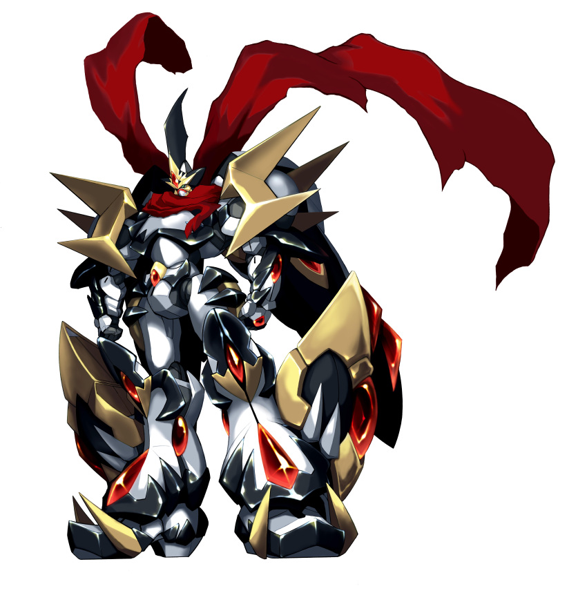 clenched_hands dairaioh fighting_stance glowing glowing_eye grey_background highres mecha no_humans official_art orange_eyes red_scarf scarf science_fiction solo super_robot super_robot_wars super_robot_wars_alpha_3 super_robot_wars_original_generation white_background