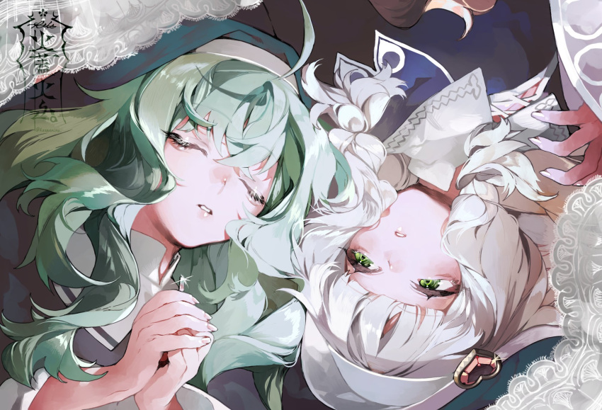 2girls ahoge blonde_hair closed_eyes commentary eyelashes gabriel_(housamo) glint green_eyes green_hair heart highres kazanniro lace long_hair maria_(housamo) multiple_girls nun open_mouth own_hands_clasped own_hands_together signature tokyo_afterschool_summoners twitter_username upper_body wavy_hair