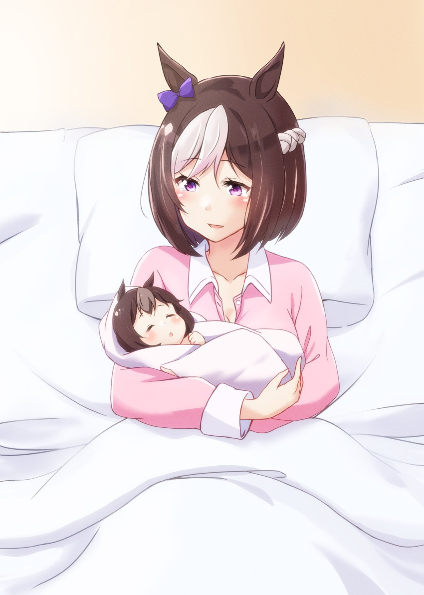2girls animal_ears baby blanket blush braid brown_hair closed_mouth ear_ribbon french_braid highres horse_ears horse_girl if_they_mated mother_and_daughter multicolored_hair multiple_girls open_collar open_mouth pillow pink_eyes saku_(kudrove) short_hair smile special_week_(umamusume) streaked_hair umamusume white_hair