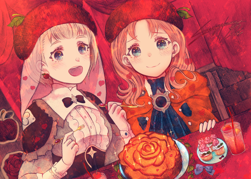 2girls :3 :d akamaru_saasha annette_fantine_dominic blue_bow blue_eyes bow brown_hair cape closed_mouth dress_shirt drinking_straw dutch_angle fire_emblem fire_emblem:_three_houses fork grey_shirt hat highres holding holding_fork long_hair long_sleeves looking_at_viewer mercedes_von_martritz multiple_girls orange_cape red_headwear shiny shiny_hair shirt short_hair smile upper_body white_hair