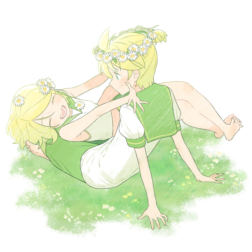 1boy 1girl absurdres ahoge aqua_eyes bangs bare_arms bare_legs bare_shoulders barefoot blonde_hair bon_bon_eee breasts brother_and_sister daisy flower grass green_sailor_collar green_theme happy head_wreath highres imminent_hug indian_style kagamine_len kagamine_rin lying lying_on_lap midriff on_ground on_person on_side open_mouth outstretched_arms outstretched_hand sailor_collar shirt short_sleeves shorts siblings sitting skinny sleeveless sleeveless_shirt small_breasts smile swept_bangs twins vocaloid white_flower