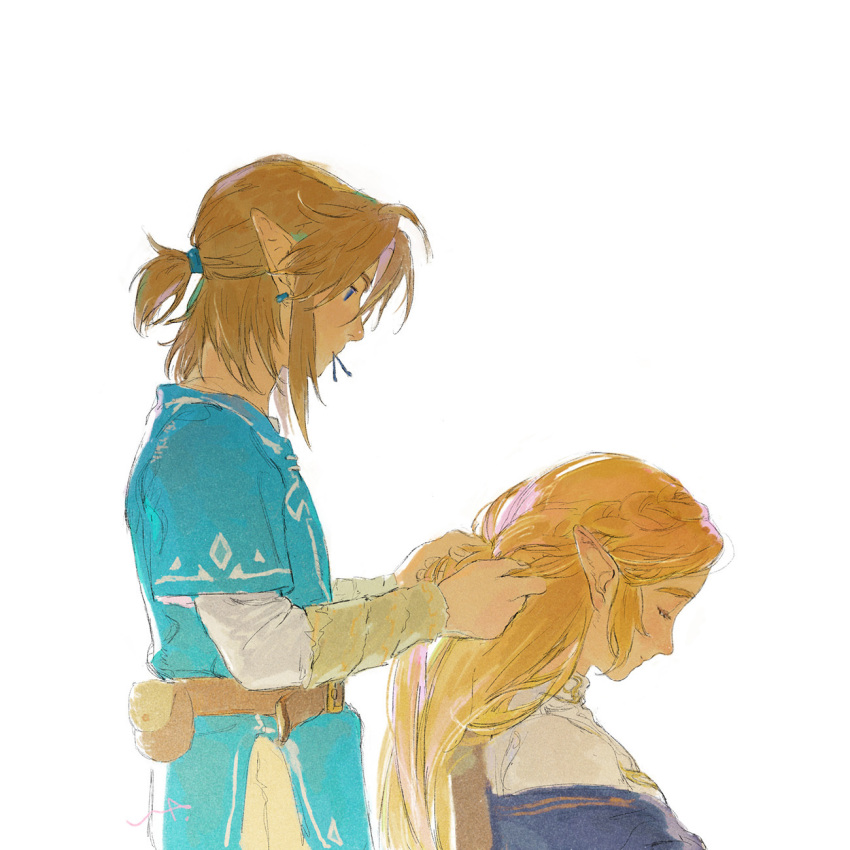 1boy 1girl bangs belt blonde_hair blue_eyes blue_tunic braid braiding_hair clenched_hand earrings hair_between_eyes hair_tie_in_mouth hairdressing hand_in_another's_hair head_down highres jewelry link lip_(lih8) long_hair long_sleeves looking_at_another medium_hair mouth_hold parted_bangs pointy_ears princess_zelda shirt short_ponytail short_sleeves sidelocks smirk the_legend_of_zelda the_legend_of_zelda:_breath_of_the_wild thick_eyebrows upper_body white_background white_shirt
