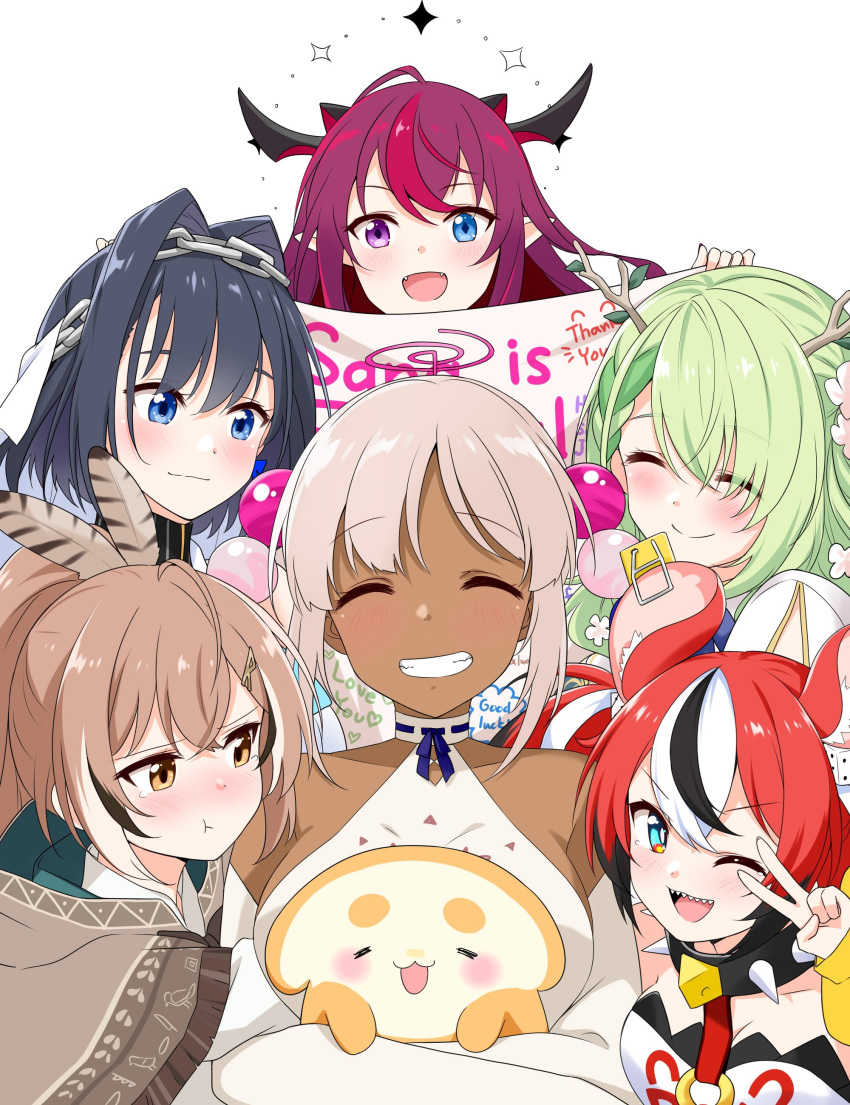 6+girls absurdres ahoge animal_ears antlers bangs banner bare_shoulders black_collar black_hair blonde_hair blue_eyes blue_hair blush bow bow_earrings braid braided_bangs branch brown_capelet brown_cloak brown_eyes brown_hair capelet ceres_fauna cloak closed_eyes collar crop_top dark-skinned_female dark_skin earrings elbow_gloves english_text feather_hair_ornament feathers felutiahime gloves green_hair grin hair_intakes hair_ornament hairclip hakos_baelz halter_top halterneck head_chain heterochromia hieroglyphics highres holocouncil hololive hololive_english horns irys_(hololive) jewelry long_hair looking_at_viewer mouse_ears mouse_girl multicolored_hair multiple_girls nanashi_mumei off-shoulder_shirt off_shoulder one_eye_closed ouro_kronii pinstripe_pattern planet_hair_ornament ponytail pout purple_hair redhead sanallite_(tsukumo_sana) shirt short_hair smile spiked_collar spikes streaked_hair striped tsukumo_sana turtleneck twintails v veil very_long_hair violet_eyes virtual_youtuber white_gloves white_hair white_shirt zipper