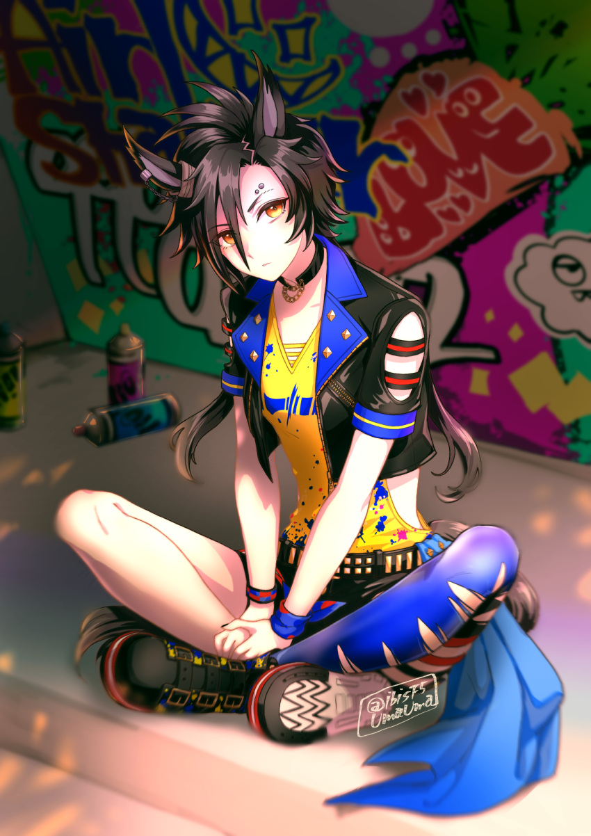 1girl air_shakur_(umamusume) animal_ears belt black_hair black_jacket blue_thighhighs boots brown_footwear closed_mouth clothing_cutout collar cropped_jacket eyebrow_piercing full_body graffiti hi_(ibisf5umauma) highres horse_ears horse_girl horse_tail indian_style jacket long_hair looking_at_viewer paint_stains parted_lips piercing shirt short_sleeves single_thighhigh sitting solo spray_can sweatdrop tail thigh-highs torn_clothes torn_legwear twitter_username umamusume v_arms wristband yellow_eyes yellow_shirt