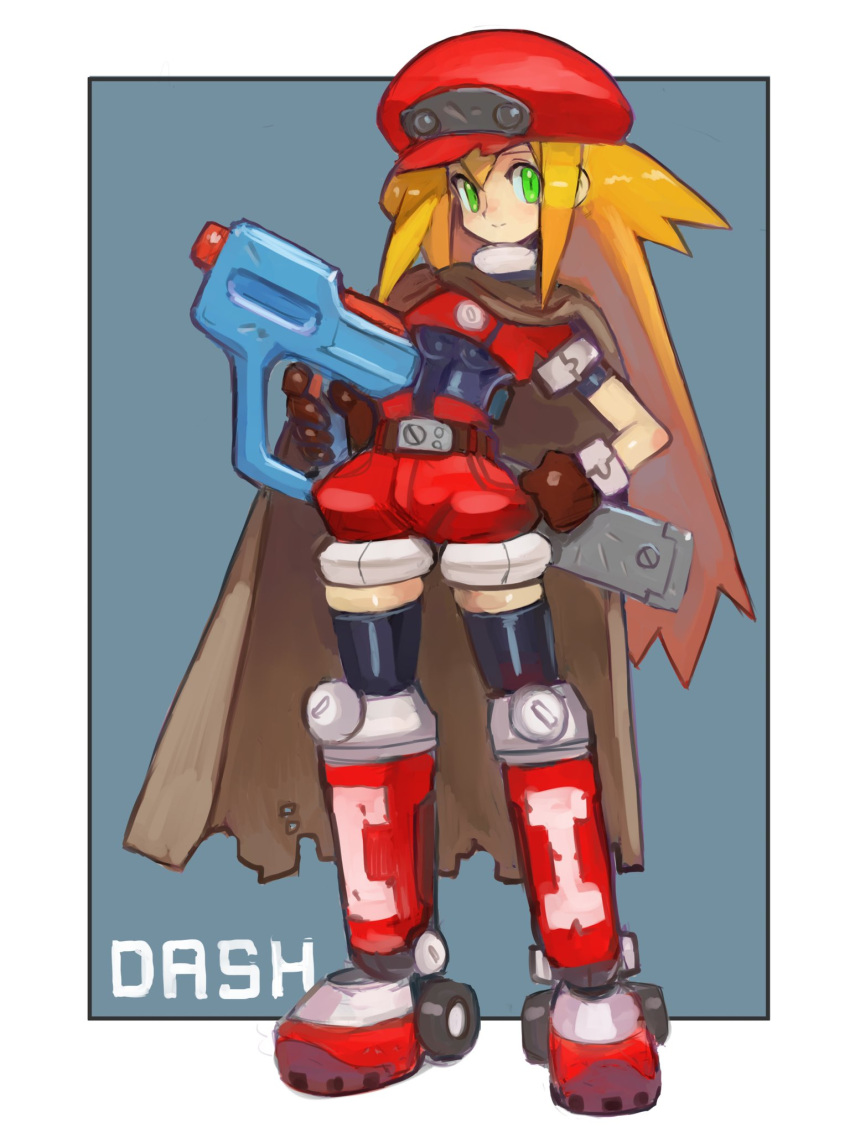 1girl bangs blonde_hair breasts cabbie_hat capcom cape cropped_jacket dakusuta full_body gloves green_eyes hair_between_eyes hat highres holding holding_weapon long_hair mega_man_(series) red_shorts roll_caskett_(mega_man) shorts simple_background smile solo torn_cape torn_clothes weapon