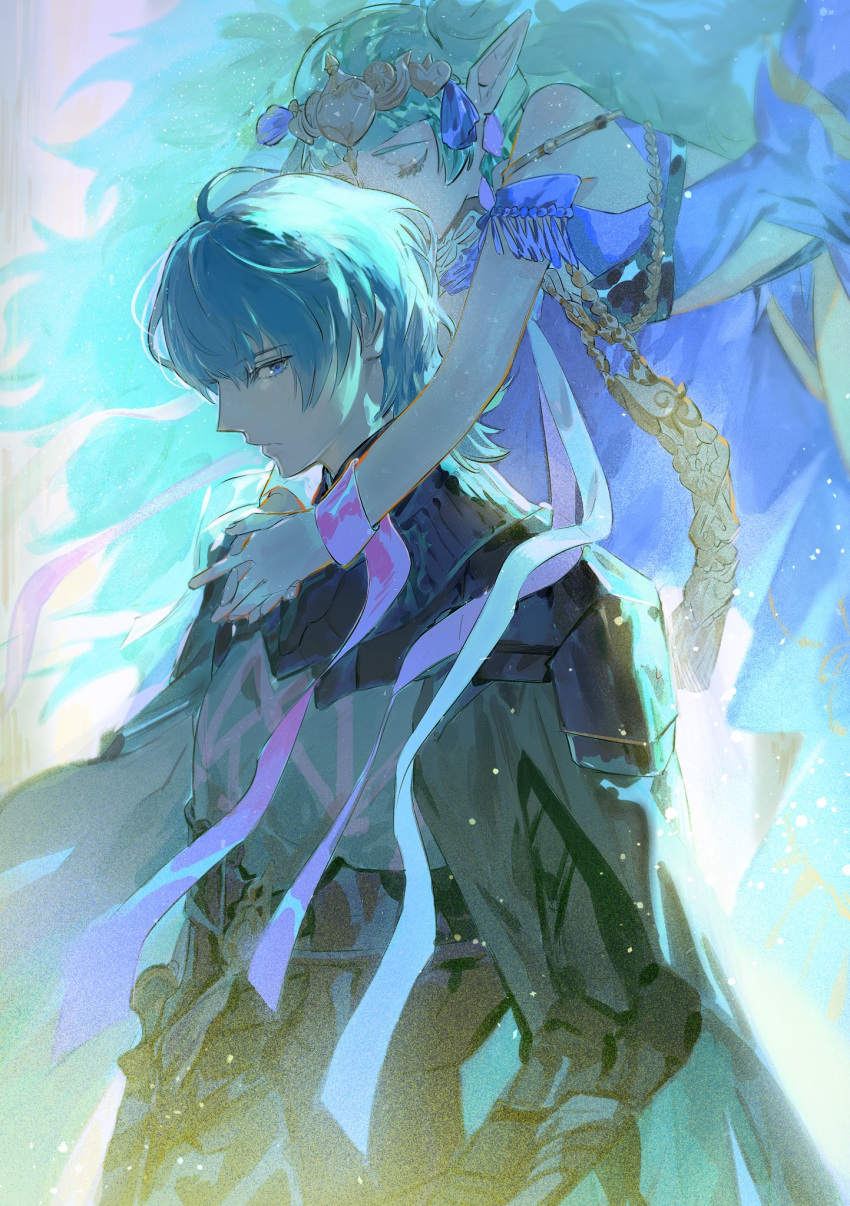 1boy 1girl armor bare_shoulders black_armor black_cape blue_eyes blue_hair byleth_(fire_emblem) byleth_eisner_(male) cape closed_eyes closed_mouth commentary_request dress expressionless fire_emblem fire_emblem:_three_houses floating floating_hair green_hair hair_ornament highres hug hug_from_behind light_particles long_hair looking_at_viewer own_hands_together pi_hyara_piiiii pointy_ears purple_dress short_hair sothis_(fire_emblem) twintails very_long_hair white_background