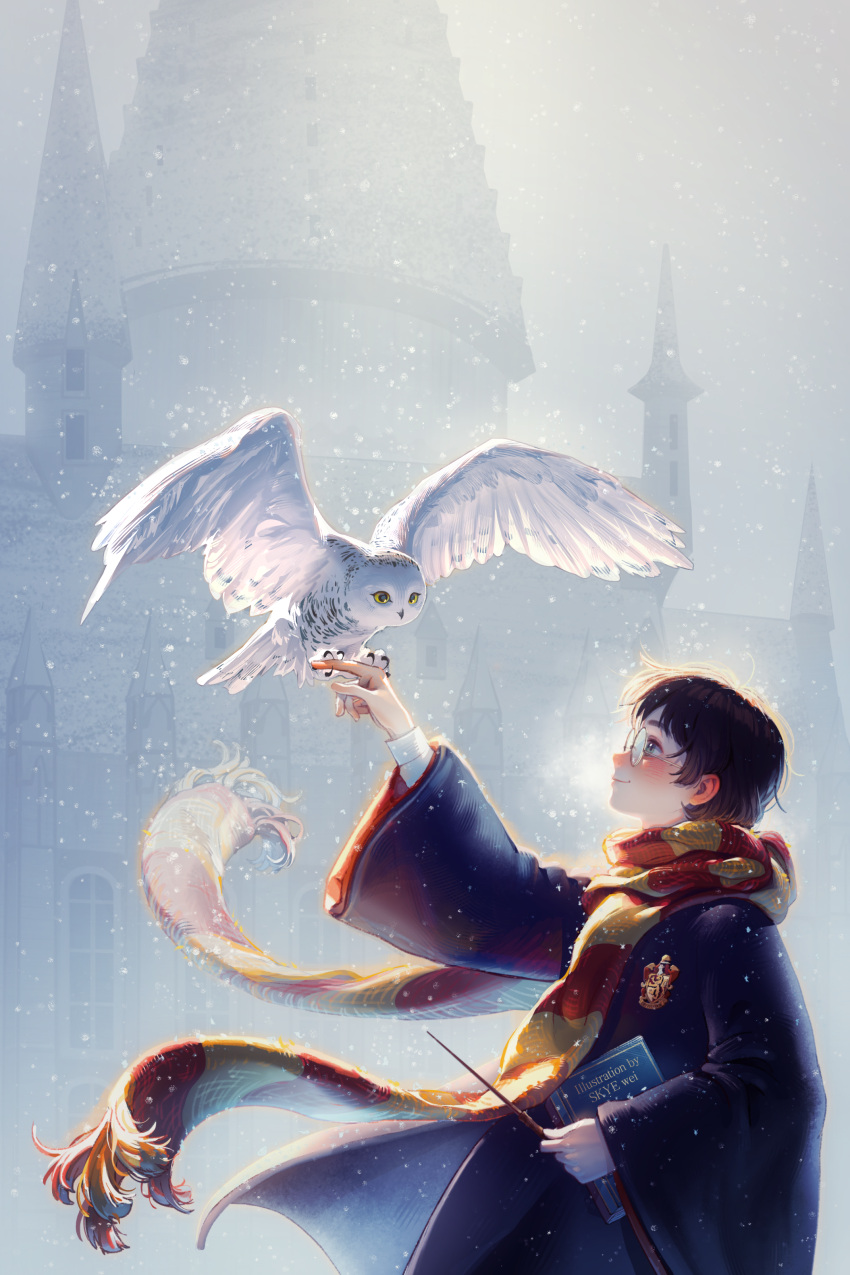 1boy absurdres animal bangs bird bird_on_hand black_coat black_robe blush book breath brown_hair castle coat cold day ear_blush emblem floating_clothes floating_scarf glasses green_eyes grey_eyes gryffindor hand_up harry_potter harry_potter_(series) harry_potter_and_the_philosopher's_stone hedwig highres hogwarts_school_uniform holding holding_wand landing long_sleeves looking_at_animal looking_away male_focus nose_blush outdoors outstretched_arm overcast owl profile robe scarf school_uniform short_hair sky skye_wei smile snowing striped striped_scarf upper_body wand wide_sleeves wind winter