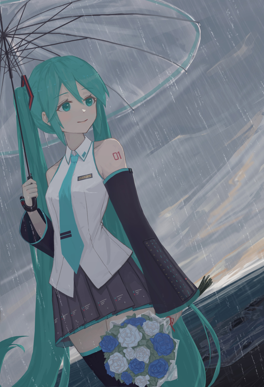 1girl absurdres bangs beach blue_eyes blue_flower blue_hair blue_rose blush bouquet chinese_commentary clouds cloudy_sky collared_shirt commentary detached_sleeves flower hair_ornament hatsune_miku highres holding holding_bouquet holding_flower holding_umbrella long_hair long_sleeves mixed-language_commentary necktie ocean outdoors pleated_skirt qian-li-xin-hen rain rose shirt skirt sky sleeveless sleeveless_shirt smile solo thigh-highs tie_clip transparent transparent_umbrella twintails umbrella very_long_hair vocaloid white_flower white_rose