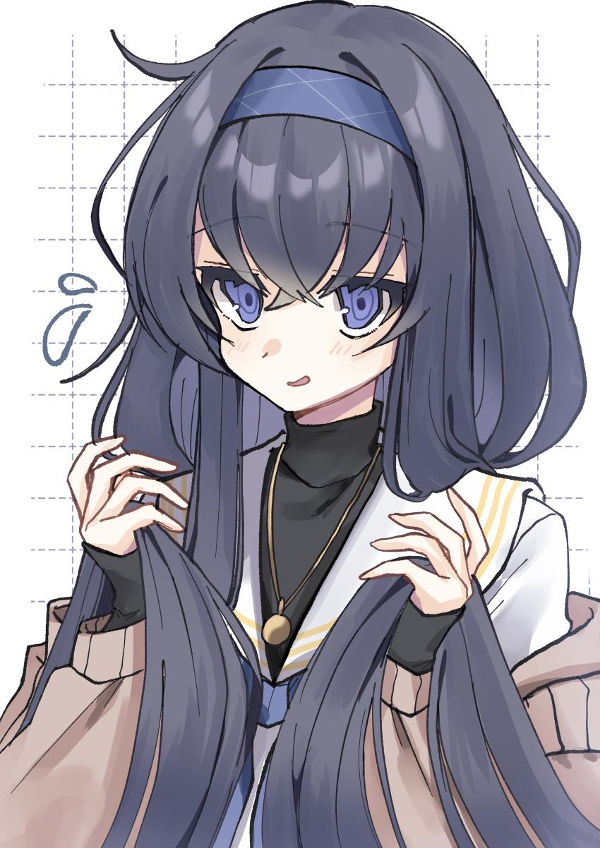 1girl absurdres blue_archive blue_hairband blush flying_sweatdrops grey_hair grid grid_background hair_between_eyes hairband hand_in_own_hair highres jewelry long_hair necklace parted_lips sentouryoku_5 sleeves_past_wrists smile solo sweat sweatdrop turtleneck ui_(blue_archive) upper_body very_long_hair violet_eyes