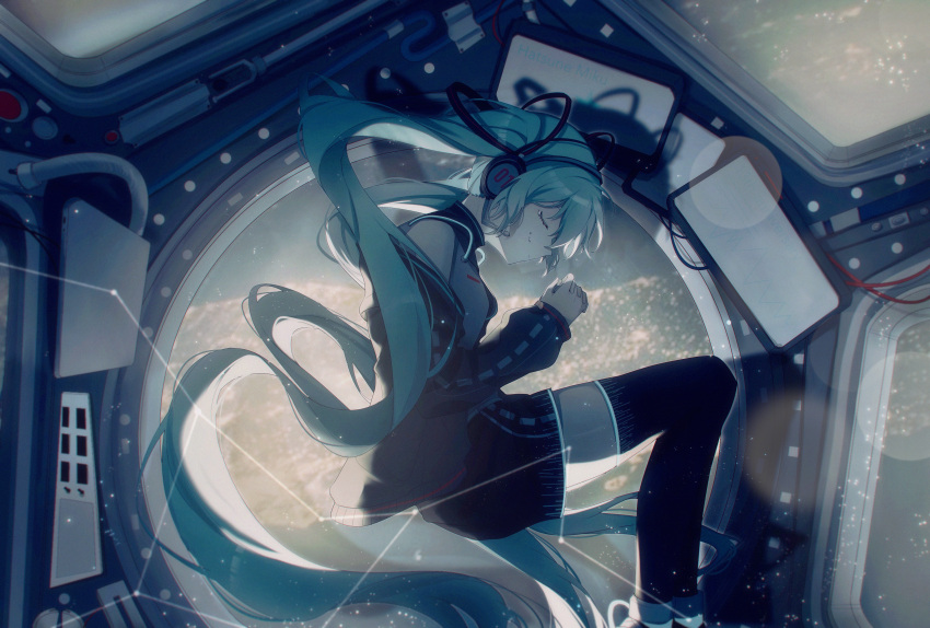 1girl absurdres aqua_hair black_cardigan black_skirt cardigan closed_eyes closed_mouth floating_hair grey_shirt hatsune_miku headphones highres kanvien long_hair long_sleeves lying miniskirt on_side open_cardigan open_clothes own_hands_clasped own_hands_together shiny shiny_hair shirt skirt sleeveless sleeveless_shirt solo thigh-highs twintails very_long_hair vocaloid