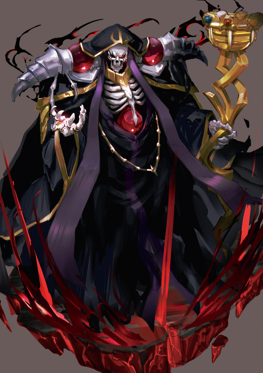 1boy ainz_ooal_gown black_cloak bone brown_background cloak fantasy full_body glowing glowing_eye highres holding holding_staff lich long_sleeves looking_at_viewer magic male_focus official_art overlord_(maruyama) reaching_out red_eyes ribs simple_background skeleton skull so-bin solo staff teeth undead wide_sleeves