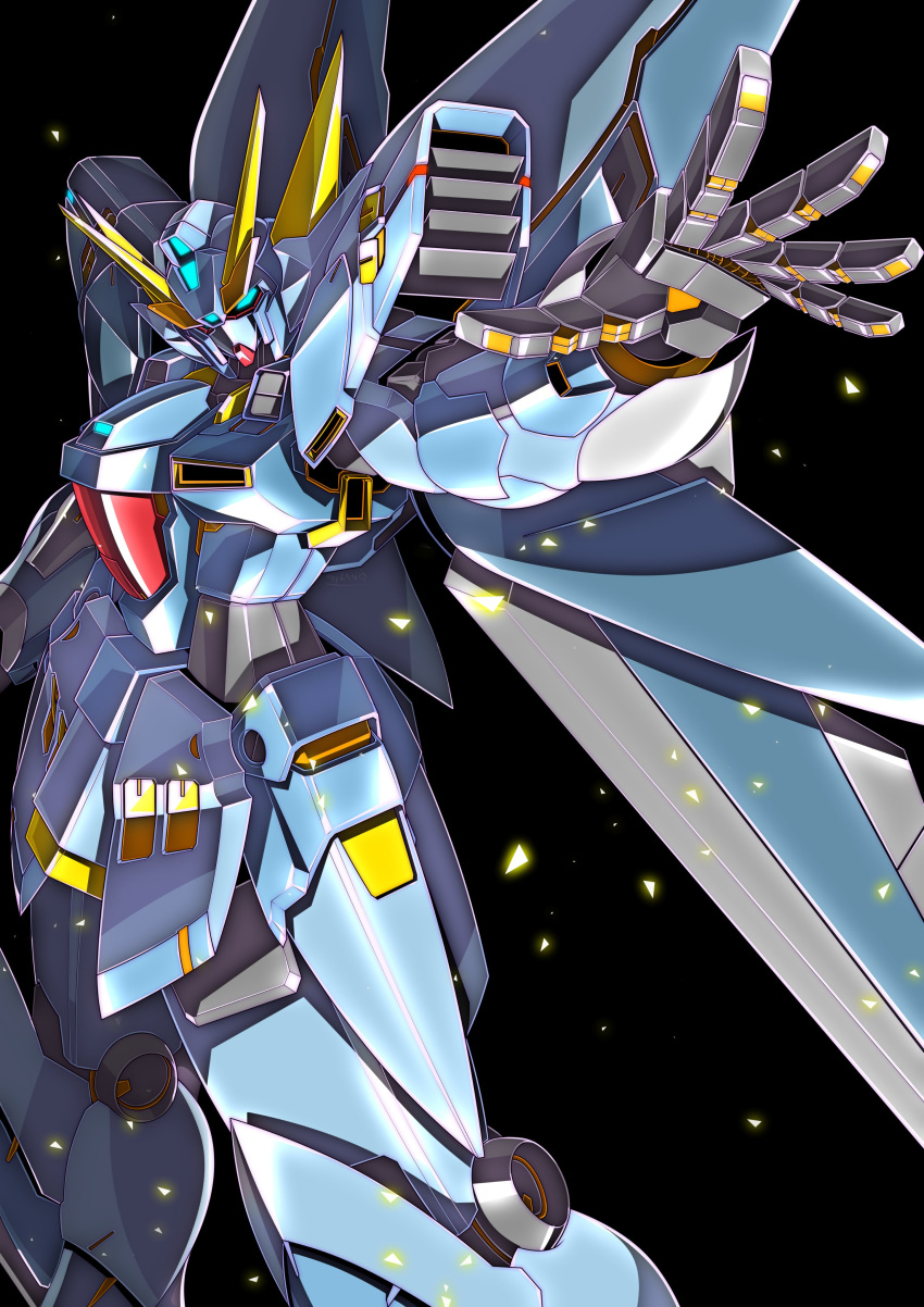 absurdres black_background blue_eyes commission glowing glowing_eyes head_tilt heyzan highres huckebein looking_at_viewer mecha no_humans robot science_fiction skeb_commission solo super_robot_wars super_robot_wars_original_generation v-fin