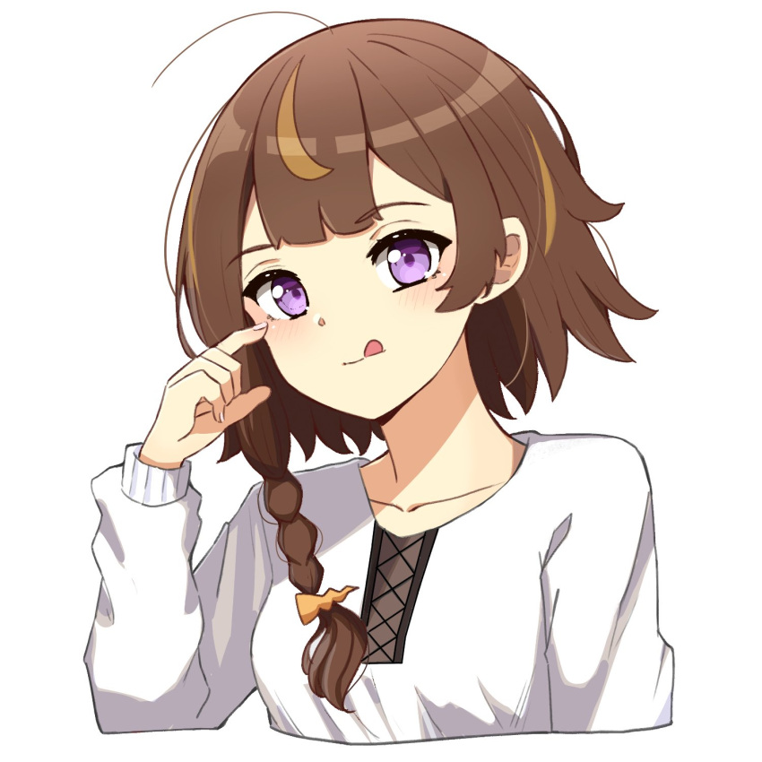 1girl anya_melfissa blush braid brown_hair collarbone cropped_torso hair_behind_ear highres hololive hololive_indonesia licking_lips looking_at_viewer multicolored_hair portrait rhiich shirt side_braid smile solo streaked_hair tongue tongue_out violet_eyes virtual_youtuber white_background white_shirt
