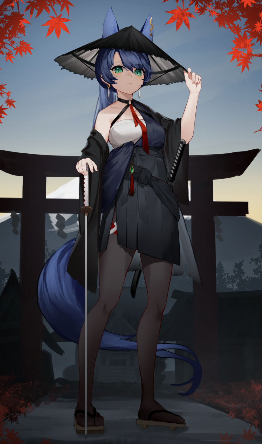 1girl animal_ears autumn_leaves blue_hair character_request check_copyright copyright_request earrings english_commentary full_body geta green_eyes highres jewelry katana original outdoors pantyhose planted planted_sword sheath sheathed solo standing sword tail torii virtual_youtuber wazd0183 weapon