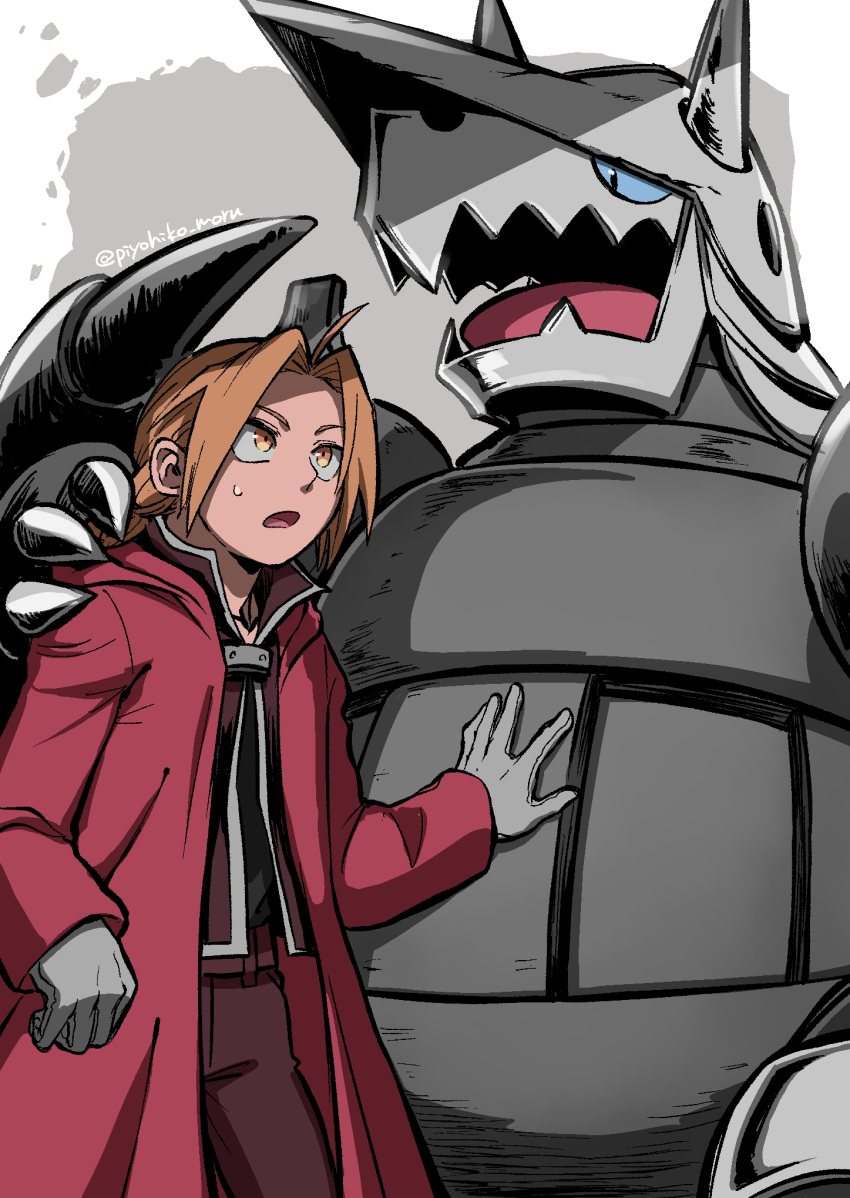 1boy aggron black_shirt blonde_hair blue_eyes brown_jacket brown_pants coat crossover edward_elric fullmetal_alchemist gloves grey_gloves hair_intakes hand_on_another's_shoulder highres jacket looking_up open_clothes open_jacket open_mouth pants piyohiko_moru pokemon pokemon_(creature) pokemon_(game) pokemon_rse red_coat shirt short_hair sketch standing sweatdrop twitter_username yellow_eyes