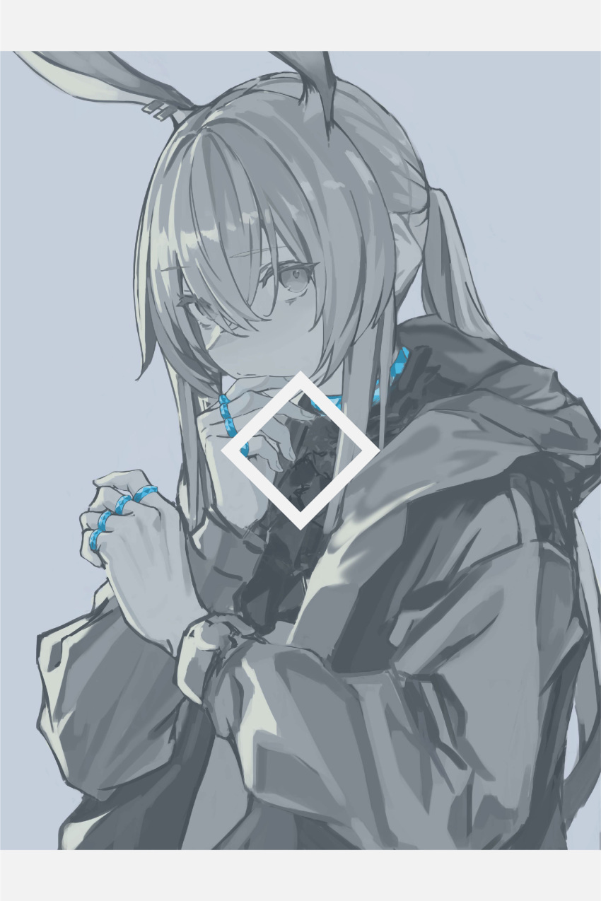 1girl absurdres amiya_(arknights) animal_ears arknights blue_choker choker closed_mouth earrings fingernails grey_background greyscale hair_between_eyes hand_on_own_chin highres hood hood_down hooded_jacket jacket jewelry long_hair monochrome open_clothes open_jacket piercing pinky_ring ponytail ring shiba42505719 simple_background solo spot_color thumb_ring