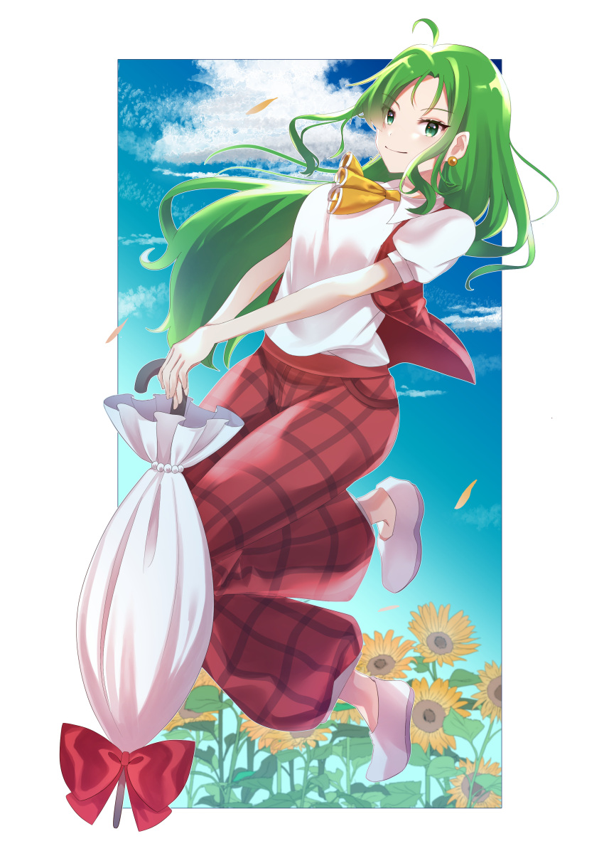 1girl absurdres ahoge ascot bangs blue_sky blush breasts closed_mouth commentary_request earrings flats flower full_body garden_of_the_sun green_eyes green_hair highres jewelry kazami_yuuka kazami_yuuka_(pc-98) large_breasts long_hair looking_at_viewer milll_77 outside_border pants parasol plaid plaid_pants plaid_vest puffy_pants puffy_short_sleeves puffy_sleeves red_vest shirt short_sleeves sidelocks sky smile solo sunflower touhou touhou_(pc-98) umbrella vest white_footwear white_shirt yellow_ascot