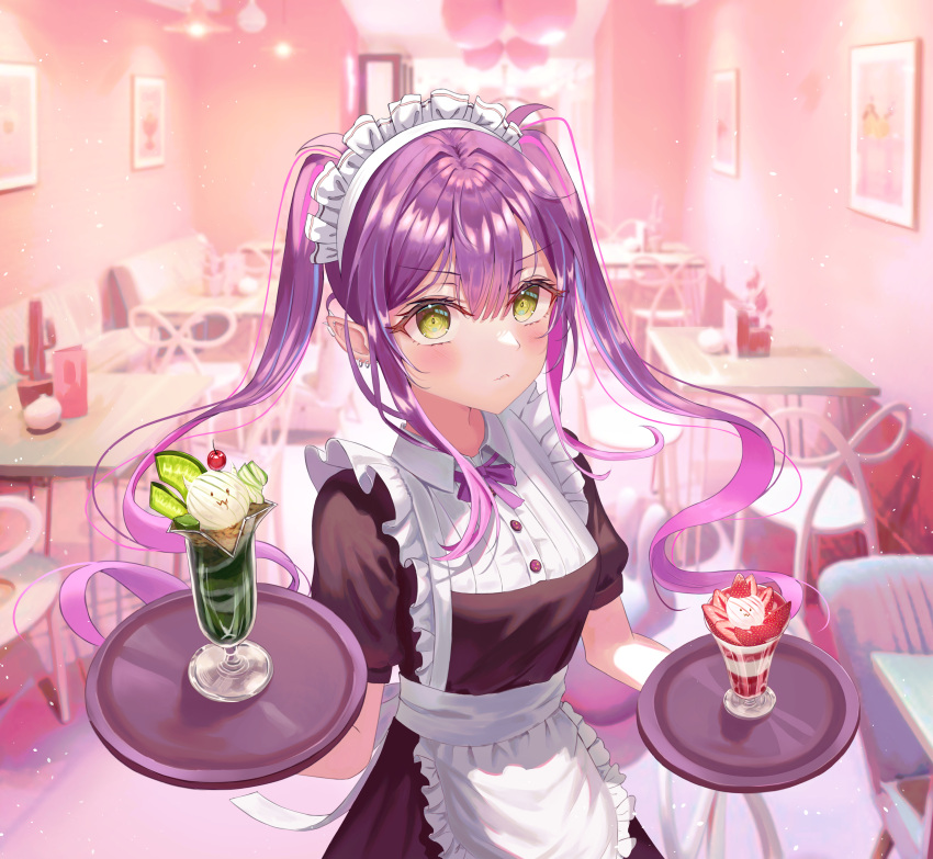 1girl absurdres alternate_costume apron bangs black_dress blush cafe chair closed_mouth dress earrings enmaided fang frilled_apron frills frown green_eyes highres holding holding_tray hololive indoors jewelry long_hair looking_at_viewer maid maid_cafe maid_headdress parfait pian717 picture_(object) pointy_ears puffy_short_sleeves puffy_sleeves purple_hair short_sleeves skin_fang solo standing table tokoyami_towa tray twintails virtual_youtuber waist_apron waitress