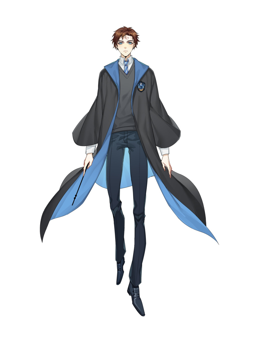 1boy absurdres arms_at_sides bangs black_coat black_footwear black_pants blue_pants brown_hair coat collared_shirt constellation cosplay dipper_gleeful dipper_pines facial_mark floating forehead_mark full_body gravity_falls grey_sweater harry_potter_(series) highres hogwarts_school_uniform holding holding_wand long_sleeves looking_at_viewer male_focus pants ravenclaw reverse_pines rjun1431 school_uniform shirt shoes short_hair simple_background solo sweater two-sided_coat wand white_background wide_sleeves