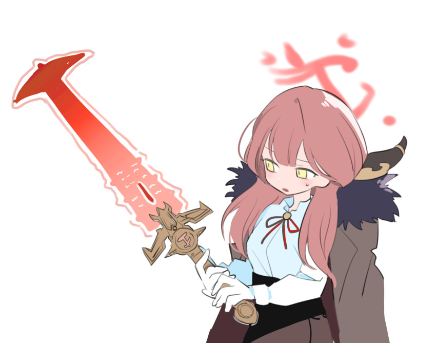 1girl aru_(blue_archive) black_skirt blue_archive coat coat_on_shoulders crucible_(doom) doom_(series) energy_blade fur-trimmed_coat fur_trim halo holding holding_sword holding_weapon horns kokaki_mumose long_hair long_sleeves neck_ribbon red_ribbon redhead ribbon shirt shirt_tucked_in simple_background skirt solo sword weapon white_background white_shirt yellow_eyes