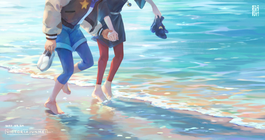 2girls amity_blight artist_name barefoot beach black_nails dark-skinned_female dark_skin highres holding holding_hands holding_shoes jacket jewelry long_sleeves luz_noceda multiple_girls nail_polish necklace ocean out_of_frame shoes shoes_removed shore skirt star_(symbol) the_owl_house victoriajunmei water watermark yuri