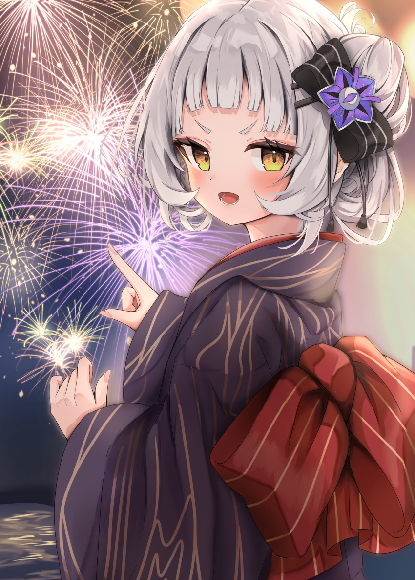 1girl absurdres bangs black_bow blush bow commentary_request firecrackers fireworks grey_hair hair_bow hair_bun highres holding_fireworks hololive japanese_clothes kimono looking_at_viewer maikro murasaki_shion night night_sky open_mouth sky solo tassel virtual_youtuber yellow_eyes