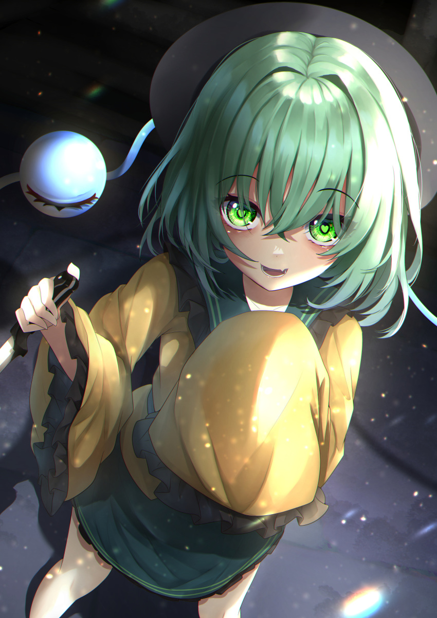 1girl absurdres bangs black_background black_headwear crossed_bangs dfra from_above green_eyes green_hair green_skirt heart heart_of_string highres holding holding_knife knife komeiji_koishi light_particles long_sleeves looking_at_viewer open_mouth shirt short_hair skirt sleeves_past_fingers sleeves_past_wrists smile solo standing third_eye touhou yellow_shirt