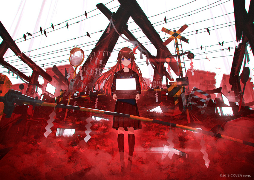 1girl animal arrow_(symbol) bird black_serafuku black_skirt black_socks broken brown_hair chair character_request chromatic_aberration computer crack flower hair_ornament highres holding holding_laptop hololive hololive_error house key_visual kneehighs laptop lens_flare long_hair mirror monitor multicolored_hair official_art promotional_art railroad_crossing red_flower red_theme redhead reflection reoen school_chair school_uniform serafuku shide sign skirt socks spider_lily star_(symbol) star_hair_ornament torii traffic_light two-tone_hair uniform virtual_youtuber