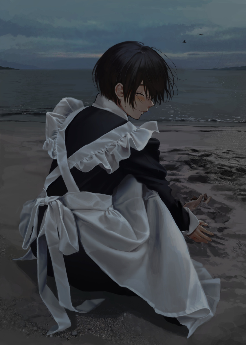 1boy apron beach black_dress black_hair burying closed_eyes corpse crossdressing dress facing_to_the_side frilled_apron frills full_body highres implied_murder juliet_sleeves kneeling light_smile long_sleeves maid maid_apron male_focus ocean original outdoors overcast puffy_sleeves sand shore short_hair solo vumiposu white_apron