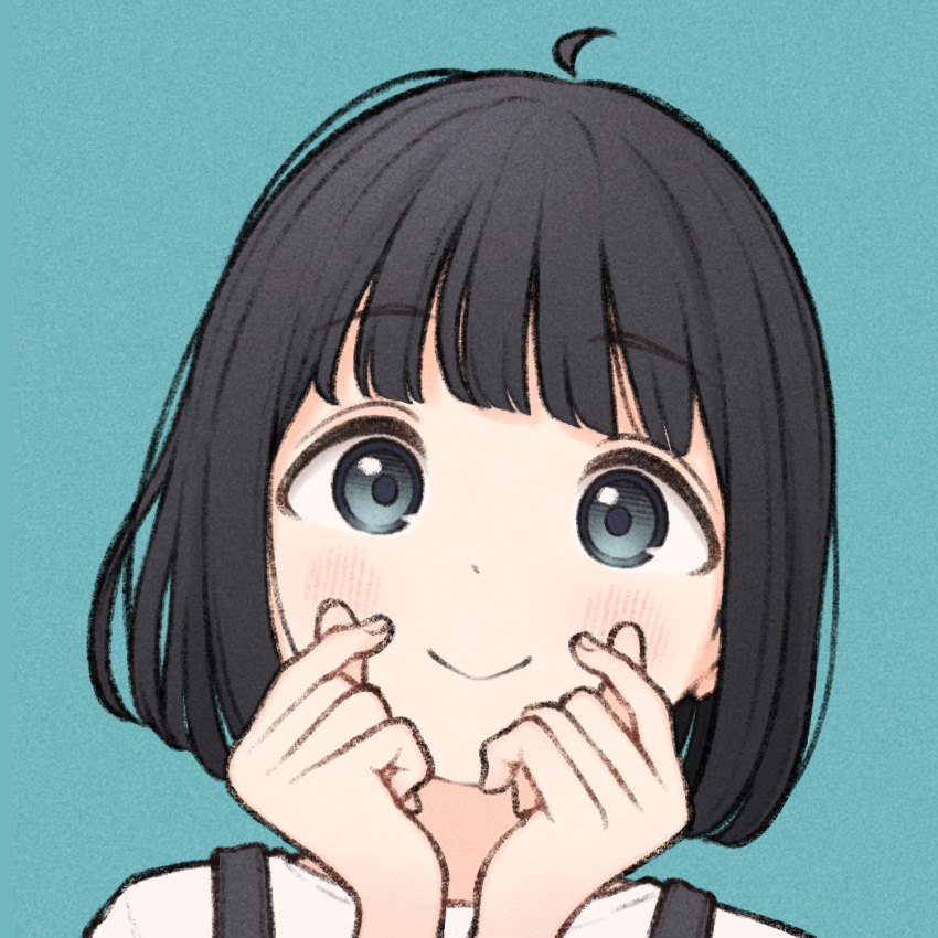 1girl 1ssakawaguchi ahoge black_hair blue_eyes bob_cut finger_heart hands_up highres looking_at_viewer original portrait short_hair simple_background smile solo