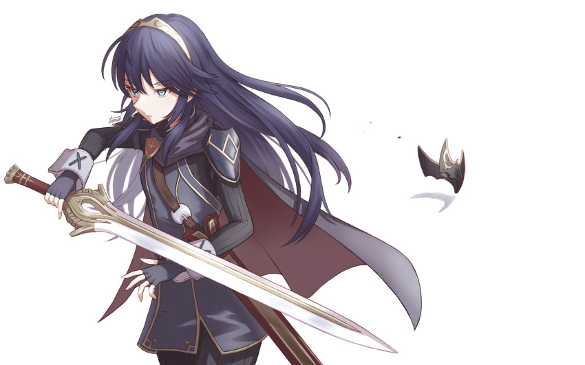 1girl absurdres armor bangs blue_eyes blue_gloves blue_hair cape falchion_(fire_emblem) fingerless_gloves fire_emblem fire_emblem_awakening gloves highres holding holding_sword holding_weapon long_hair lucina_(fire_emblem) mask mask_removed sheath shoulder_armor solo sword symbol_in_eye taro_(peach_taro51) tiara upper_body weapon white_background