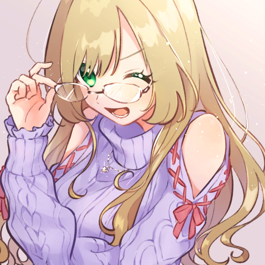 1girl :d bangs blonde_hair blush clothing_cutout frilled_sleeves frills glasses green_eyes hand_on_eyewear hand_up heart heart_necklace highres holding holding_eyewear idolmaster idolmaster_cinderella_girls idolmaster_cinderella_girls_starlight_stage jewelry long_hair long_sleeves looking_at_viewer mameyanagi necklace one_eye_closed open_mouth sato_shin shoulder_cutout sleeve_ribbon smile solo sweater turtleneck turtleneck_sweater