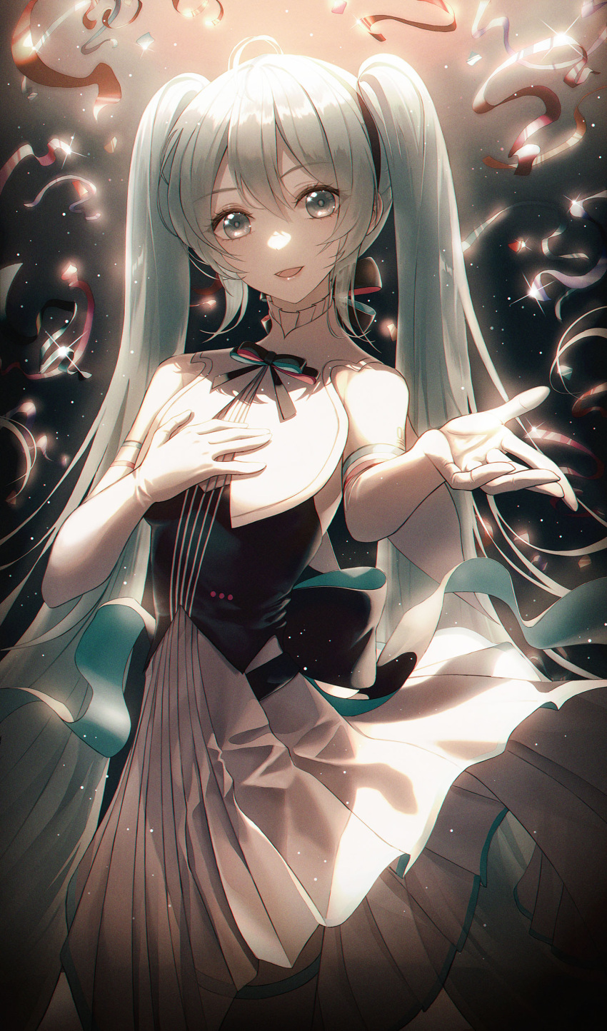 1girl absurdres aqua_eyes aqua_hair bangs chiffon_skirt commentary_request dark detached_sleeves dress elbow_gloves eyelashes feet_out_of_frame gloves glowing glowing_hair green_ribbon green_shirt hand_on_own_chest hatsune_miku hhl_(ggul80hg58) highres light light_blush long_hair long_skirt looking_at_viewer miku_symphony_(vocaloid) neck_ribbon open_mouth reaching_out red_ribbon ribbon shirt skirt sleeveless sleeveless_shirt smile solo standing thigh-highs twintails very_long_hair vocaloid white_skirt white_thighhighs