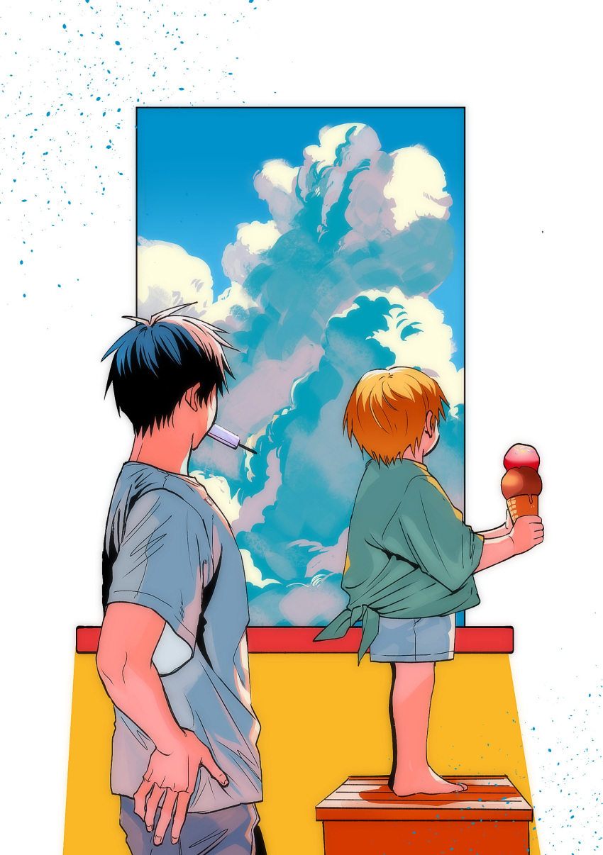 2boys absurdres barefoot black_hair blonde_hair blue_shorts child clouds commentary day facing_away food food_in_mouth gash_bell green_shirt grey_shirt hand_on_hip highres holding holding_food holding_ice_cream ice_cream ice_cream_cone konjiki_no_gash!! korean_commentary male_child male_focus mouth_hold multiple_boys popsicle shirt short_hair short_sleeves shorts simple_background standing takamine_kiyomaro tied_shirt wangcheolgab white_background