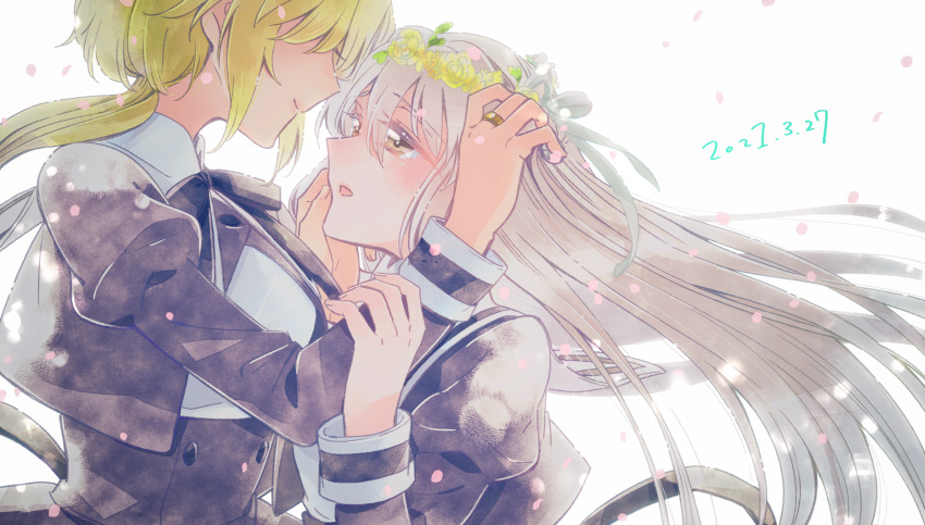 2girls amano_soraha assault_lily bangs black_ribbon black_skirt blonde_hair blush buttons closed_mouth covered_eyes cropped_jacket dated egawa_kusumi face-to-face falling_petals fingernails floating_hair flower flower_wreath grey_hair hair_between_eyes hand_in_another's_hair hand_on_another's_arm hand_on_another's_chin hand_up hands_up head_wreath high-waist_skirt highres jewelry long_hair looking_at_another low_ponytail multiple_girls neck_ribbon parted_lips petals ponytail profile ribbon ring rose school_uniform shirt simple_background skirt smile sorato_(astllatte) standing upper_body very_long_hair white_background white_shirt yellow_eyes yellow_flower yellow_rose yuri yurigaoka_girls_academy_school_uniform