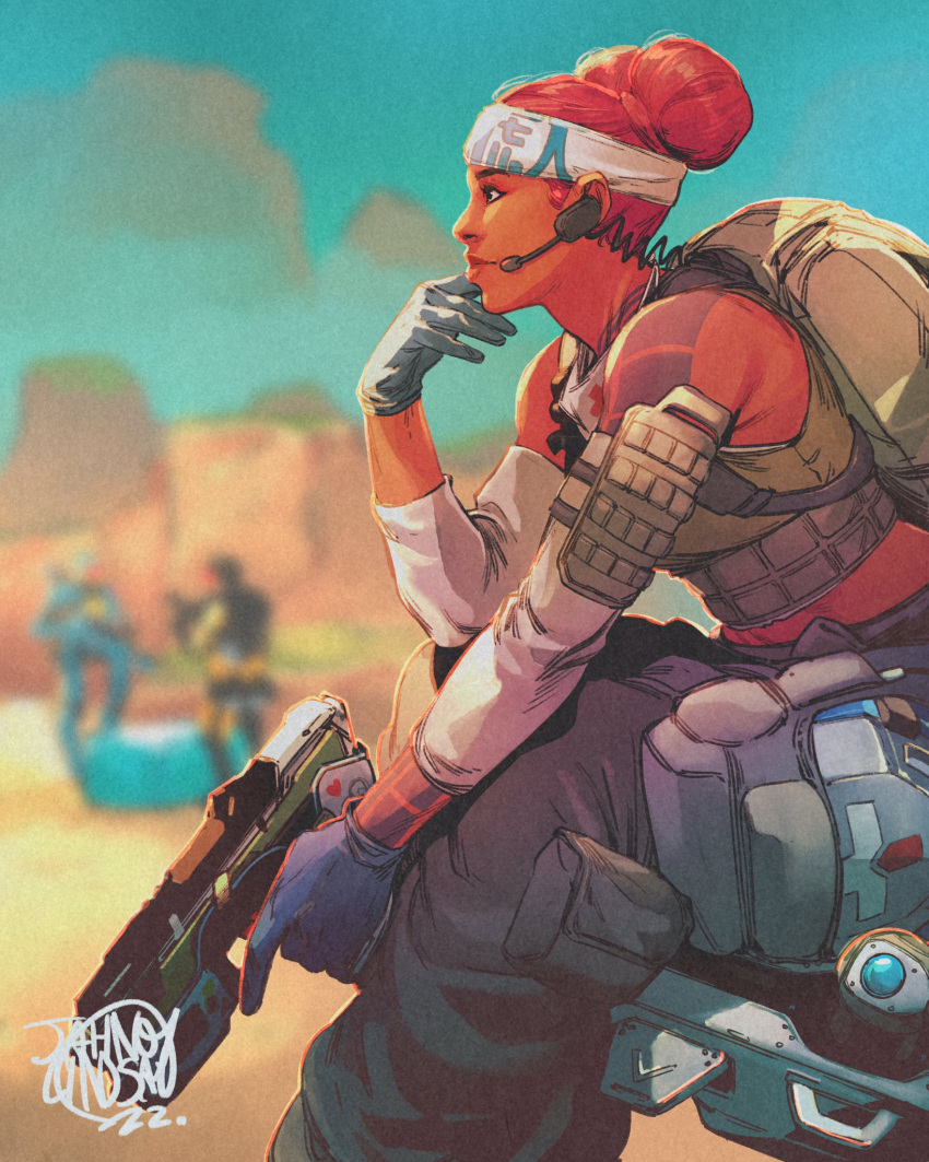 1girl alternator apex_legends backpack bag baggy_pants blue_gloves blurry blurry_background brown_tank_top d.o.c._health_drone dark-skinned_female dark_skin death_box_(apex_legends) detached_sleeves double_bun eyeliner from_side gloves gun hair_bun handgun headband headset highres holding holding_gun holding_weapon jahnoy_lindsay lifeline_(apex_legends) lips makeup mirage_(apex_legends) nose pants pathfinder_(apex_legends) pouch redhead short_hair shoulder_tattoo sitting solo_focus tank_top tattoo toned trigger_discipline weapon white_headband