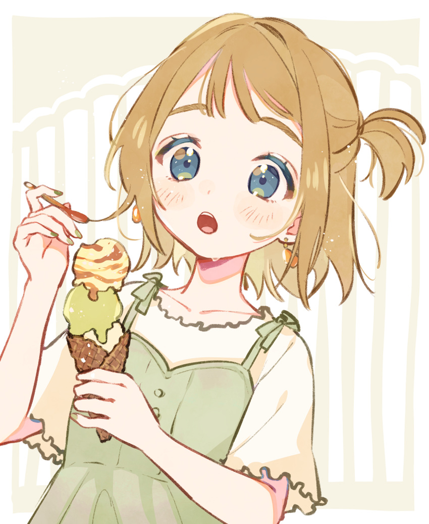 1girl :o bangs blue_eyes blush brown_hair dress earrings food highres holding holding_ice_cream holding_spoon ice_cream ice_cream_cone jewelry mameyanagi nail_polish one_side_up open_mouth original pinafore_dress short_hair short_ponytail short_sleeves solo spoon sweat triple_scoop